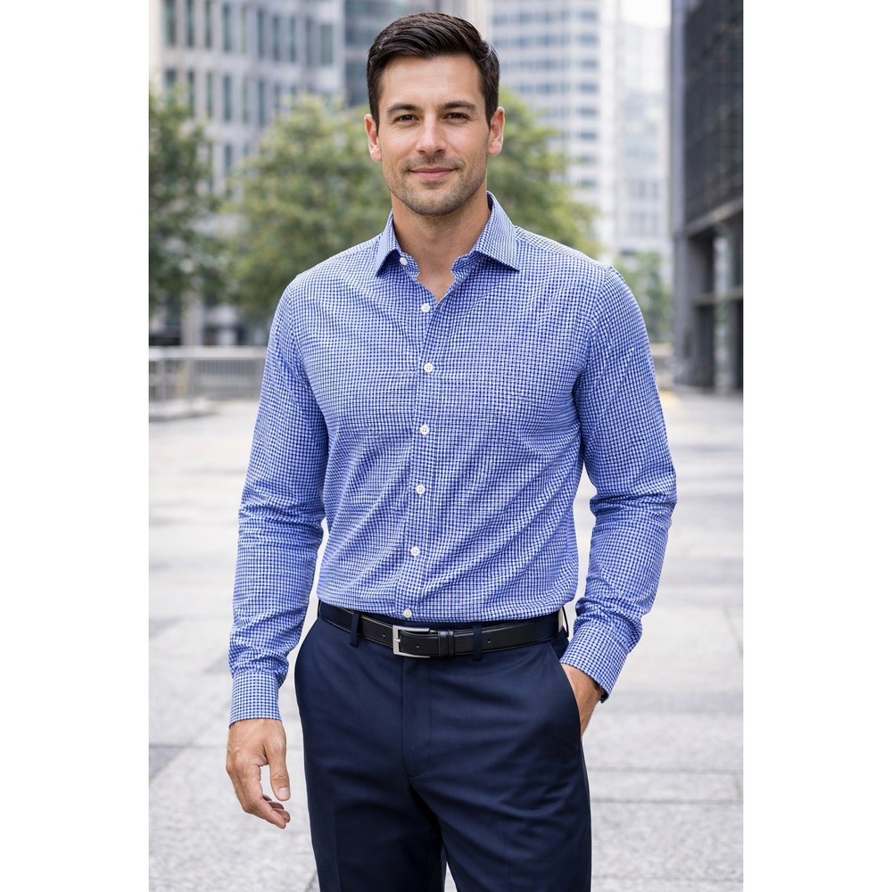 Mizzen+Main Large Trim Fit Blue Gingham Performance Dress Shirt L/S Button Down